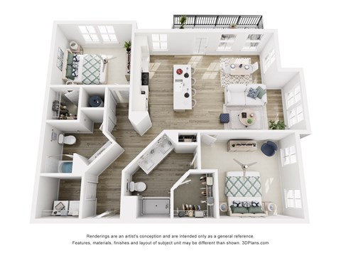 A 3D floor plan of Tapestry Beard Road - B2 2-bedroom 2-bathroom apartment